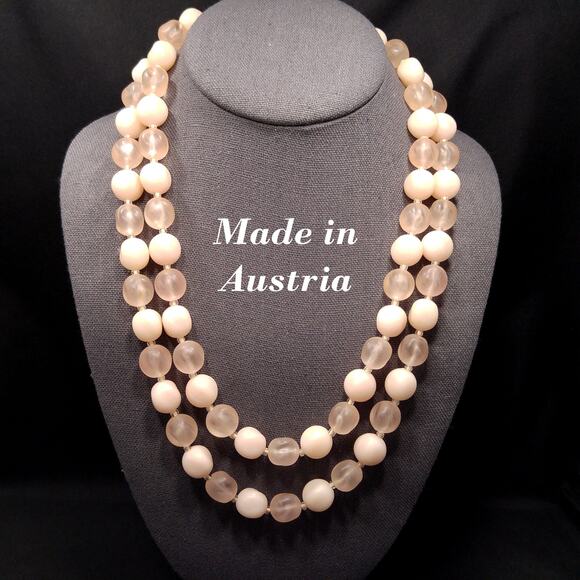 Vintage Austria Pink Lucite Bead Necklace Two Strand Frosted & Matte 1950s - Picture 1 of 10